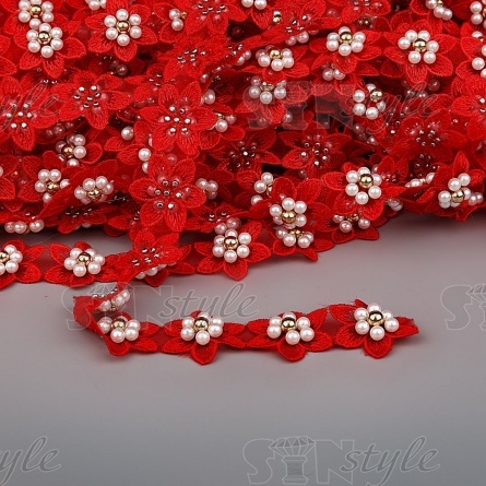 Кружево "Цветочки" на капроновой ленте, ширина 30 мм, цвет красный, намотка 20 ярдов фото 1