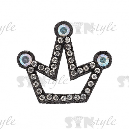 Аппликация "Корона" из страз, на фетровой основе, размер 34 мм х 30 мм, цвет черный+белые и радужные стразы фото 1