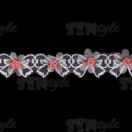 Кружево из органзы "Бантики с цветочками" , цвет белый+розовый, намотка 10 ярдов, ширина 45 мм фото 2