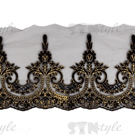 Кружево на черной сетке с золотым и черным глиттером, ширина 21 мм, намотка 15 ярдов фото 1