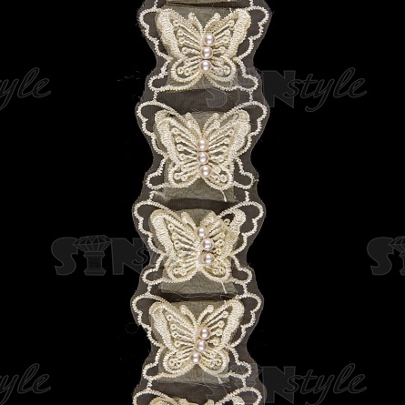 Кружево "Бабочки" на капроновой ленте, ширина 60 мм, цвет шампань, бусины белые, намотка 10 ярдов  фото 2