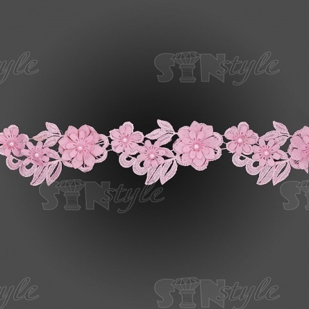 Кружево "Цветочное", ширина 55 мм, цвет розовый, бусины в цвет кружева, намотка 10 ярдов  фото 3