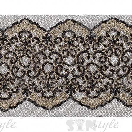 Кружево на черной сетке с золотым и черным глиттером, ширина 160 мм, намотка 15 ярдов фото 2