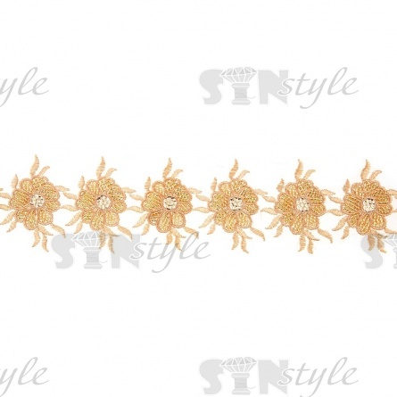 Кружево на сетке с цветочным орнаментом, расшитое пайетками и микробисером, вширина 75 мм, цвет золотой, намотка 10 ярдов  фото 3