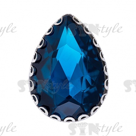 Стразы пришивные, стеклянные в оправе, форма капля, цвет серебро+темно-бирюзовый, размер 13*18 мм фото 1