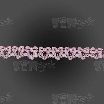 Кружево ажурное в виде бантиков с цветочками и бусинами, ширина 30 мм, намотка 15 ярдов, цвет розовый фото 1