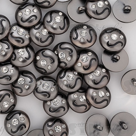 Пуговица пластиковая на ножке, форма полусферы, цвет темный никель с черными завитками и белыми стразами, 34L фото 3