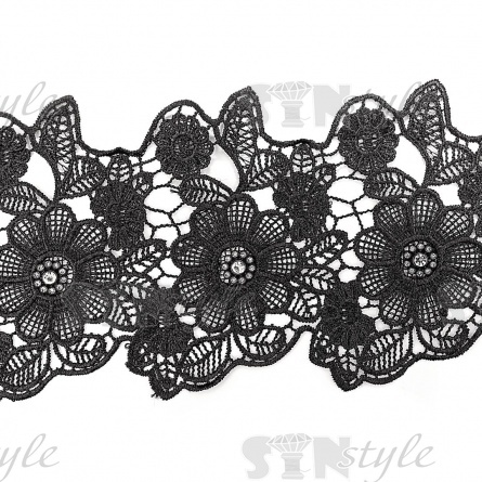 Кружево ажурное с отделкой, нежнейшее тонкое перепление гирлянды в цветочных мотивах со стразой в центре цветка в обрамлении мелких цветочков и листиков, ширина 125 мм, намотка 15 ярдов, цвет черный  фото 2