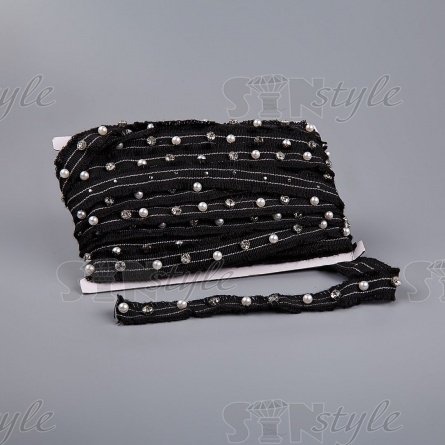 Тесьма отделочная с бахромой, декорирована серебряным люрексом и белыми бусинами и стразами, ширина 20 мм, намотка 15 ярдов, цвет черный  фото 3