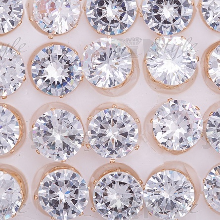 Стразы пришивные стеклянные в цапах, форма круг, цвет золото+белый прозрачный, диаметр 12 мм фото 3