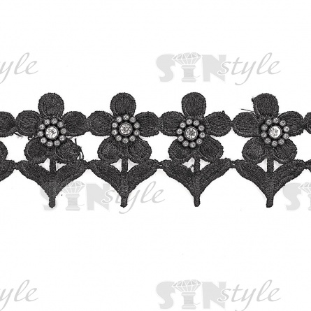 Кружево "Цветочное" из ромашек, декорированное стразами, ширина 60 мм, цвет черный, намотка 15 ярдов  фото 2