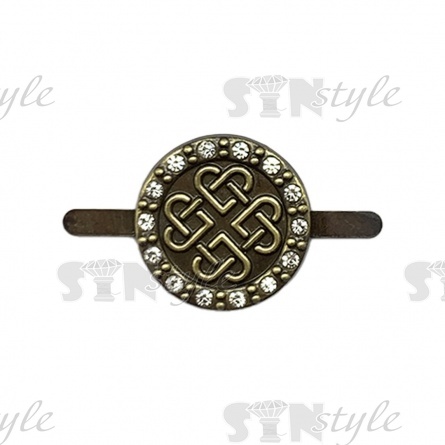 Брошь металлическая, крепление усики, диаметр 18 мм, цвет бронзовый+белые стразы фото 1