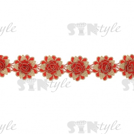 Нарядное кружево с объемными цветами, ширина на 80 мм, цвет красный с золотым люрексом, намотка 15 ярдов фото 3