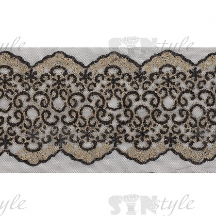 Кружево на черной сетке с золотым и черным глиттером, ширина 160 мм, намотка 15 ярдов фото 1