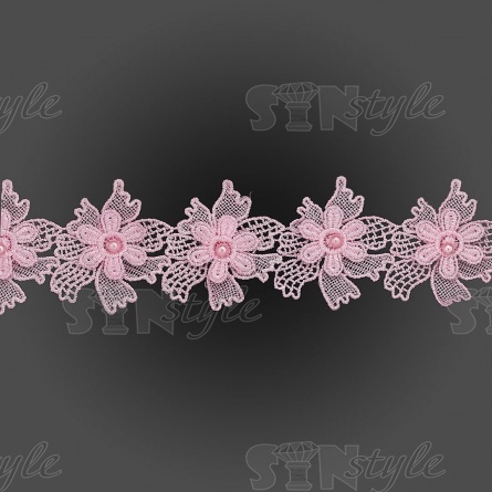 Кружево Цветочное, на ажурной кружевной основе нежная цветочная гирлянда с бусиной в центре цветка, намотка 10 ярдов, размер 65 мм, цвет розовый  фото 3
