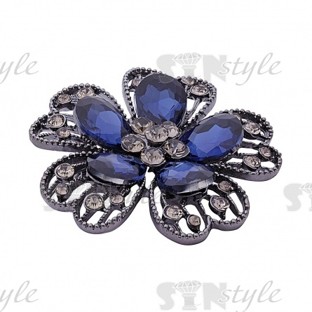 Брошь со стразами, размер 47 мм, цвет темный никель+синие стразы, застежка булавка фото 2