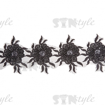 Кружево на сетке с цветочным орнаментом, расшитое пайетками и микробисером, ширина 75 мм, цвет черный, намотка 10 ярдов  фото 1
