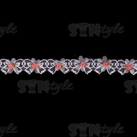 Кружево из органзы "Бантики с цветочками" , цвет белый+розовый, намотка 10 ярдов, ширина 45 мм фото 3