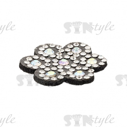 Аппликация "Цветочек" из страз, на фетровой основе, диаметр 30 мм, цвет черный+белые и радужные стразы фото 2