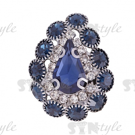 Пуговица металлическая на ножке, размер 20ммх25мм, цвет темный никель + белые и темно-синие стразы фото 1