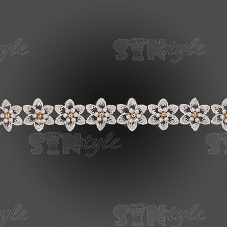 Кружево "Цветочки" украшено бусинами, на капроновой ленте, ширина 30 мм, цвет шампань, намотка 20 ярдов, #21 фото 2