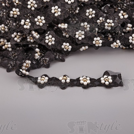 Кружево "Цветочки" украшено бусинами контрастного цвета,на капроновой ленте, ширина 30 мм, цвет черный, намотка 20 ярдов фото 1
