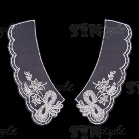 Воротник пришивной из тонкого капрона с цветочной вышивкой, украшенный пайетками и стразами, размер 210х80 мм фото 1