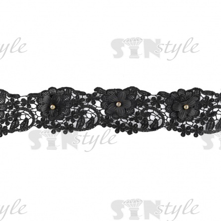 Кружево ажурное с отделкой, на тонкой ажурной основе цветочная гирлянда  стразой в центре каждого цветка, ширина 90 мм, намотка 10 ярдов, цвет черный фото 1