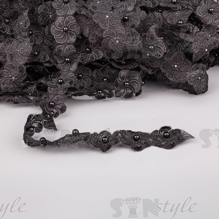 Кружево "Цветочки" на капроновой ленте, ширина 35 мм, цвет черный+белые бусины, намотка 20 ярдов фото 1