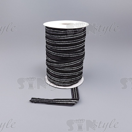 Лента бархатная с люрексом, ширина 15 мм, цвет черный+серебряный, намотка 50 ярдов фото 3