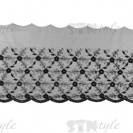 Кружево на сетке, черного цвета с чёрной вышивкой, ширина 250 мм, намотка 15 ярдов фото 1