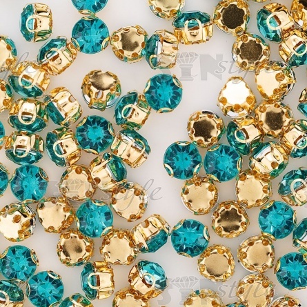 Стразы пришивные акриловые в цапах, форма круг, цвет золото+светло-бирюзовый, диаметр 7 мм, 720 шт/уп. фото 3