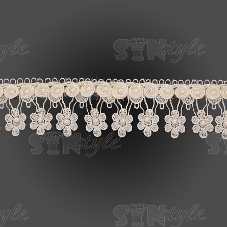 Кружево ажурное с отделкой бусинами, ширина 60 мм, цвет шампань, намотка 10 ярдов фото 1