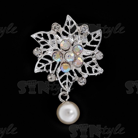 Брошь с подвеской, застежка булавка, цвет серебряный+радужные стразы, размер 30х48 мм фото 2