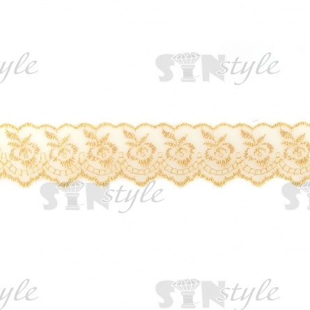 Кружево декоративное, нежная вышивка на тонкой капроновой основе, ширина 40 мм, цвет св. горчичный (156), намотка 10 ярдов фото 2