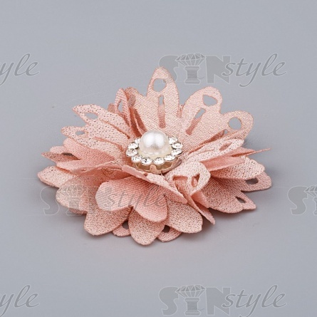 Цветочки декоративные со стразами и бусиной, цвет персиковый, диаметр 40 мм. фото 2
