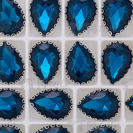 Стразы пришивные, стеклянные в оправе, форма капля, цвет серебро+темно-бирюзовый, размер 13*18 мм фото 3