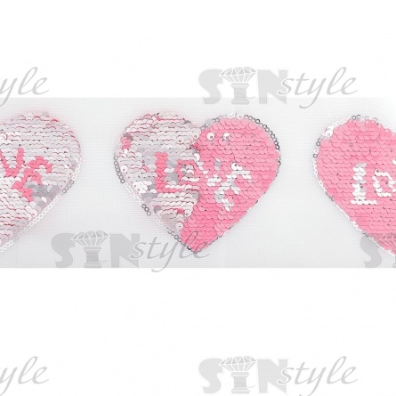 Аппликация на сетке из пайеток "Сердце",  размер 100 х 80 мм, цвет розовый+серебряный, рулон 82 шт. фото 3