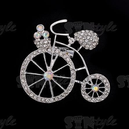 Брошь "Велосипед", застежка булавка, цвет серебряный+белые стразы, размер 40х38 мм фото 1