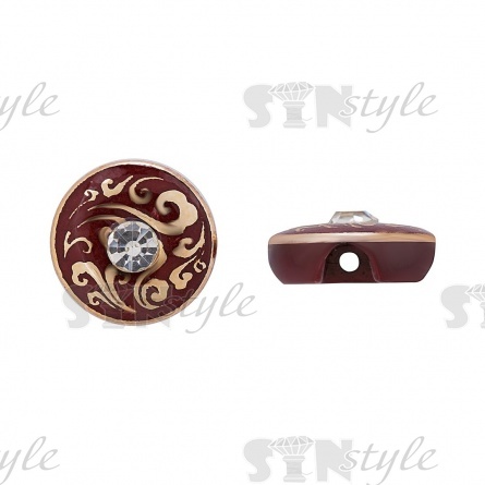 Пуговица пластиковая на полуножке, размер 20L, круглой формы, цвет бордовый, золотой арнамент, белая страза фото 1