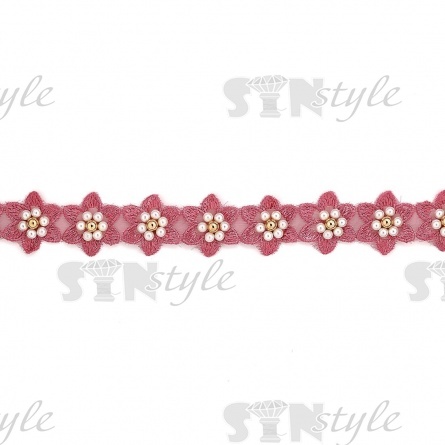 Кружево "Цветочки" украшено бусинами контастного цвета,на капроновой ленте, ширина 30 мм, цвет старо-розовый (55), намотка 20 ярдов фото 2