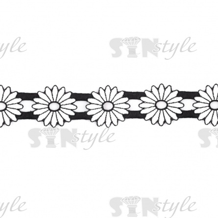 Кружево "Цветочное", интересная цветочная гирлянда из стилизованных ромашек, ширина 45 мм, цвет черный/белый, намотка 10 ярдов фото 1