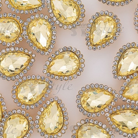 Стразы пришивные стеклянные в оправе, форма капля, цвет золото+желтый/белый, размер 10х14 мм фото 3