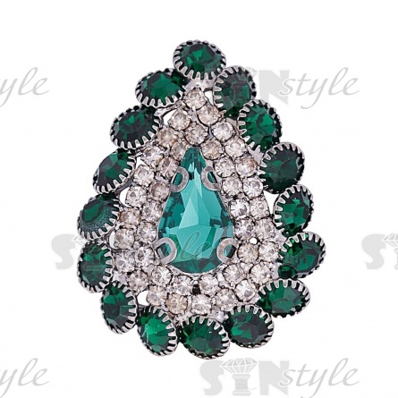 Пуговица металлическая на ножке, размер 25ммх32мм, цвет темный никель + белые и темно-зеленые стразы фото 1