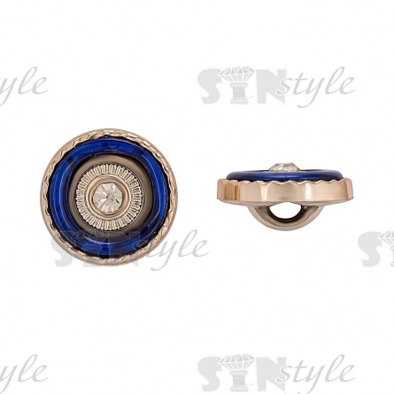 Пуговица пластиковая на ножке, круглая, цвет золотой+синий+белая страза, размер 28L фото 1