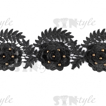 Кружево ажурное с отделкой, объемные пушистые розы в обрамлении листочков усыпаны бусинами, словно капельками росы, ширина 95 мм, намотка 15 ярдов, цвет черный фото 2