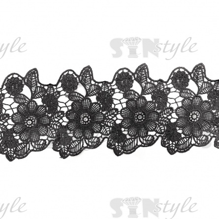 Кружево ажурное с отделкой, нежнейшее тонкое перепление гирлянды в цветочных мотивах со стразой в центре цветка в обрамлении мелких цветочков и листиков, ширина 125 мм, намотка 15 ярдов, цвет черный  фото 1