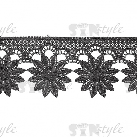 Кружево ажурное, нежная цветочная гирлянда с резным краем, ширина 65 мм, цвет черный, намотка 15 ярдов фото 1