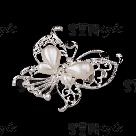 Брошь "Бабочка", размер 45х48 мм, цвет серебряный+белые стразы и бусины, застежка булавка фото 2