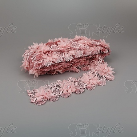 Кружево ажурное с цветочной отделкой и бусинами, ширина 60 мм, цвет грязно-розовый, намотка 10 ярдов  фото 3
